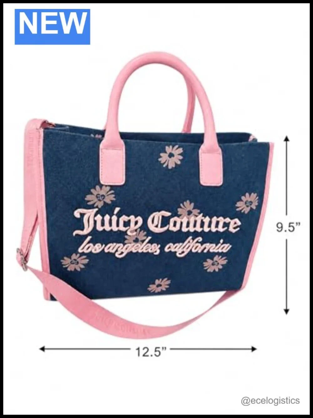 Denim Tote Bag with Floral Print & Removable Strap